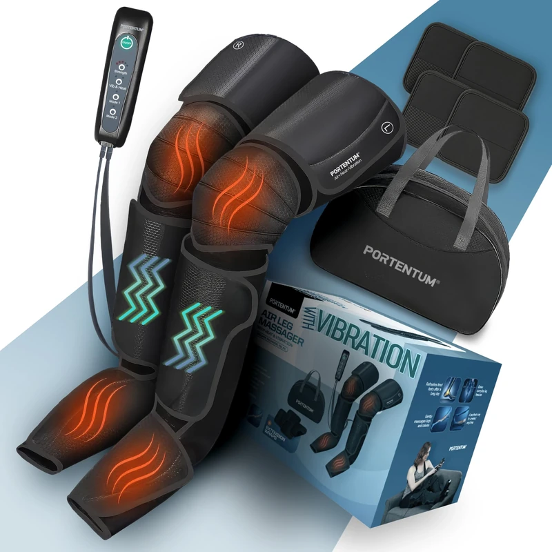 PORTENTUM Leg massagers for pain and circulation with adjustable heat and vibration – 5 compression levels – Remote control with LED display – Relieves tired legs – Foot massager – Travel bag included