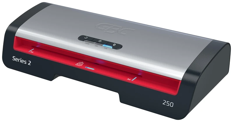 GBC 250 Office A4 Laminator – Rapid 1-Minute Warm-Up, 75-125 Micron, Entry Guide LEDs, Anti-Jam, Auto Shut-Off, Includes 5X A4 Laminating Pouches, Black/Red, 4410070UK