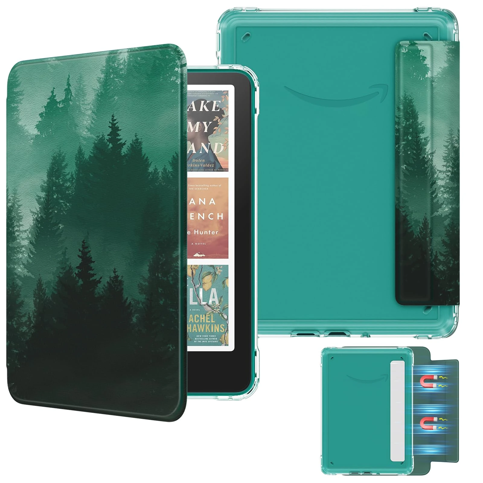 MoKo Detachable Magnetic Case for All-new 7" Kindle Paperwhite 12th Generation 2024 & Kindle Colorsoft 2024/2025,Ultra Clear Back Scratch-Proof Light & Shell Cover with Auto Wake/Sleep, Green Forest