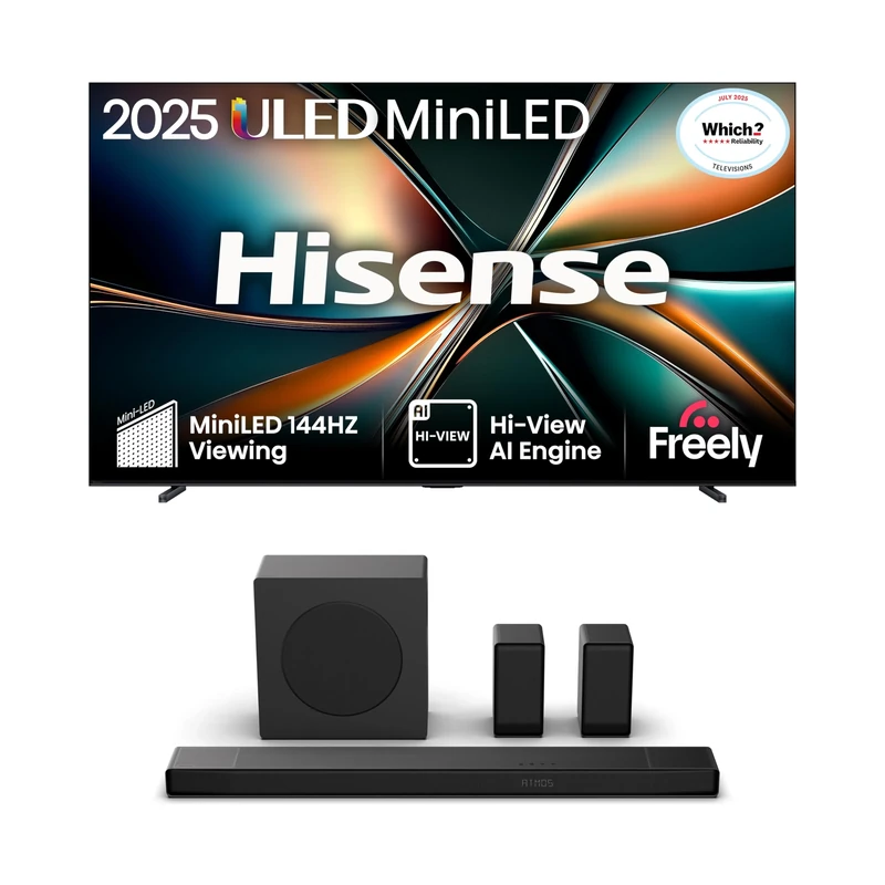 Hisense TV & Soundbar Bundle: 85U7QTUK ULED TV plus the AX5140Q 5.1.2 Channel Soundbar – bold contrast and brilliant audio, side by side.