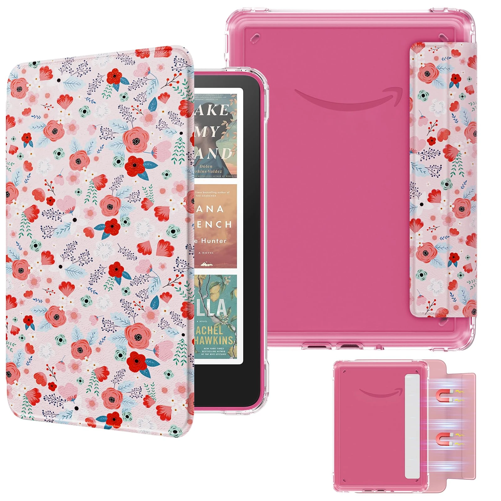 MoKo Detachable Magnetic Case for All-new 7" Kindle Paperwhite 12th Generation 2024 & Kindle Colorsoft 2024/2025,Ultra Clear Back Scratch-Proof Light & Shell Cover with Auto Wake/Sleep, Spring Pink