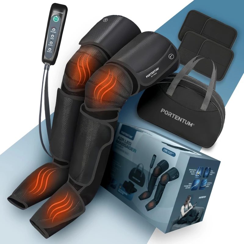 PORTENTUM Leg Massagers for Pain and Circulation with Adjustable Heat – 5 Compression Levels – Remote Control with LED Display – Relieves Tired Legs – Foot Massager – Travel Bag Included