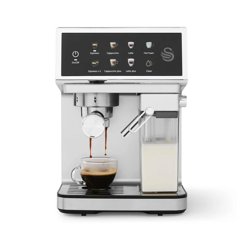 Swan SK22154 Pump Espresso Digital Coffee Machine, Digital Touch Controls with 8 Pre-Sets, 20 Bar Pressure, Built-in Automatic Milk Frother with 500ml Tank, Black