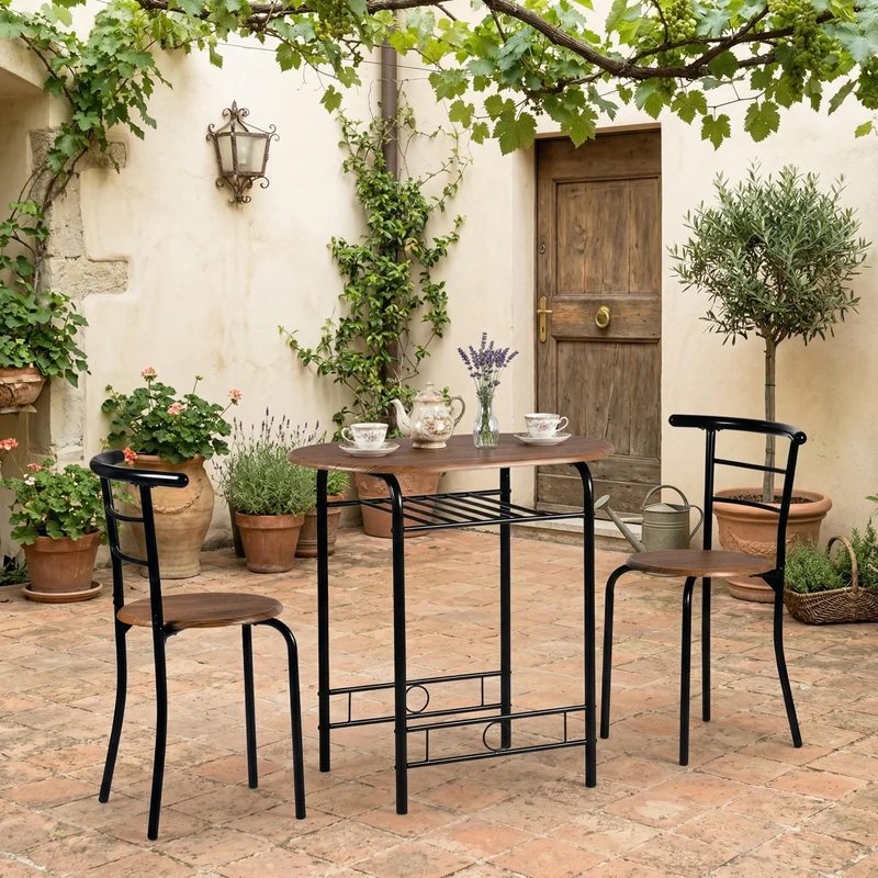FurnitureR 3-Piece Garden Furniture Table & Chair Set, Space Saving Kitchen Breakfast Nook Wood Grain Tabletop with Metal Frame and Built-in Wine Rack for Kitchen, Dining Room (Brown/Black)