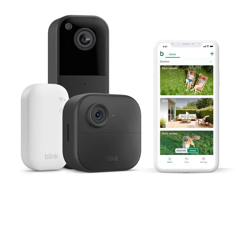 New Blink camera (Outdoor 4) + New Blink Video Doorbell (Black)| Wireless HD smart security camera, two-year battery life, enhanced motion detection| 1 camera system with Sync Module Core incl.| IP65