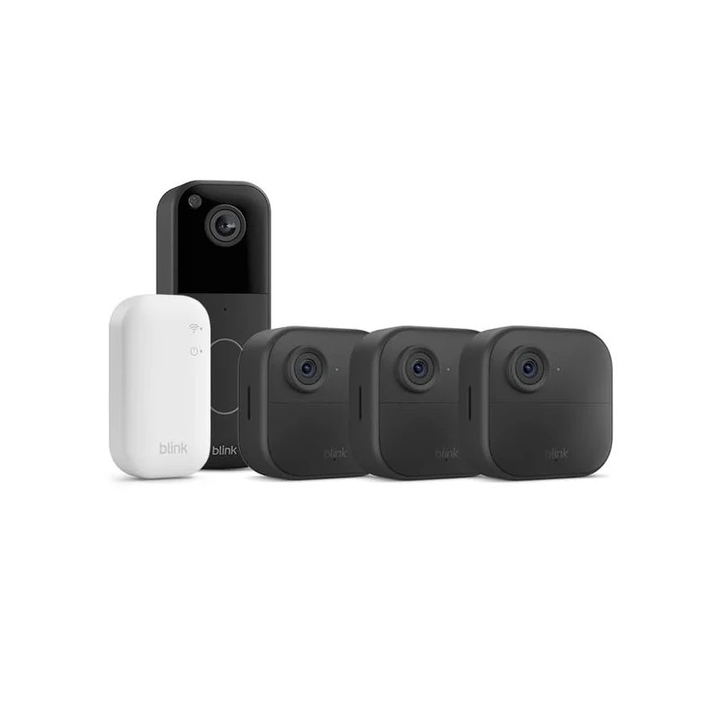 New Blink camera (Outdoor 4) + New Blink Video Doorbell (Black)| Wireless HD smart security camera, two-year battery life, enhanced motion detection| 3 camera system with Sync Module Core incl.| IP65