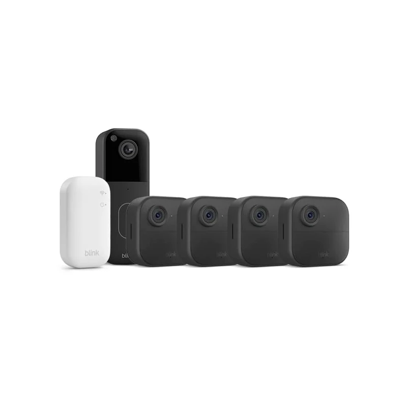 New Blink camera (Outdoor 4) + New Blink Video Doorbell (Black)| Wireless HD smart security camera, two-year battery life, enhanced motion detection| 4 camera system with Sync Module Core incl.| IP65