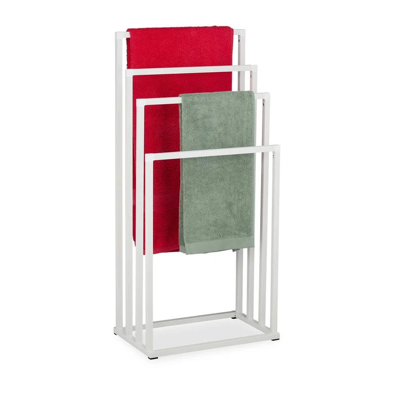 Relaxdays towel rack, HxWxD: 96.5 x 45 x 29 cm, metal, 4 bars, standing towel rack, bathroom, white