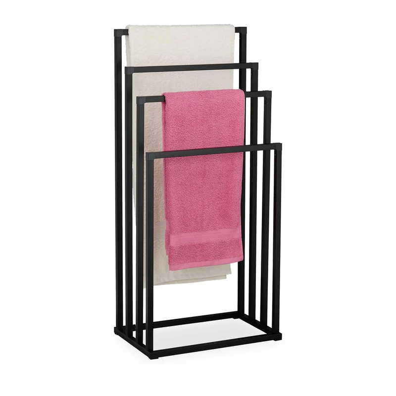 Relaxdays freestanding towel rack, HxWxD: 96.5 x 45 x 29 cm, metal, 4 rods, bathroom, black