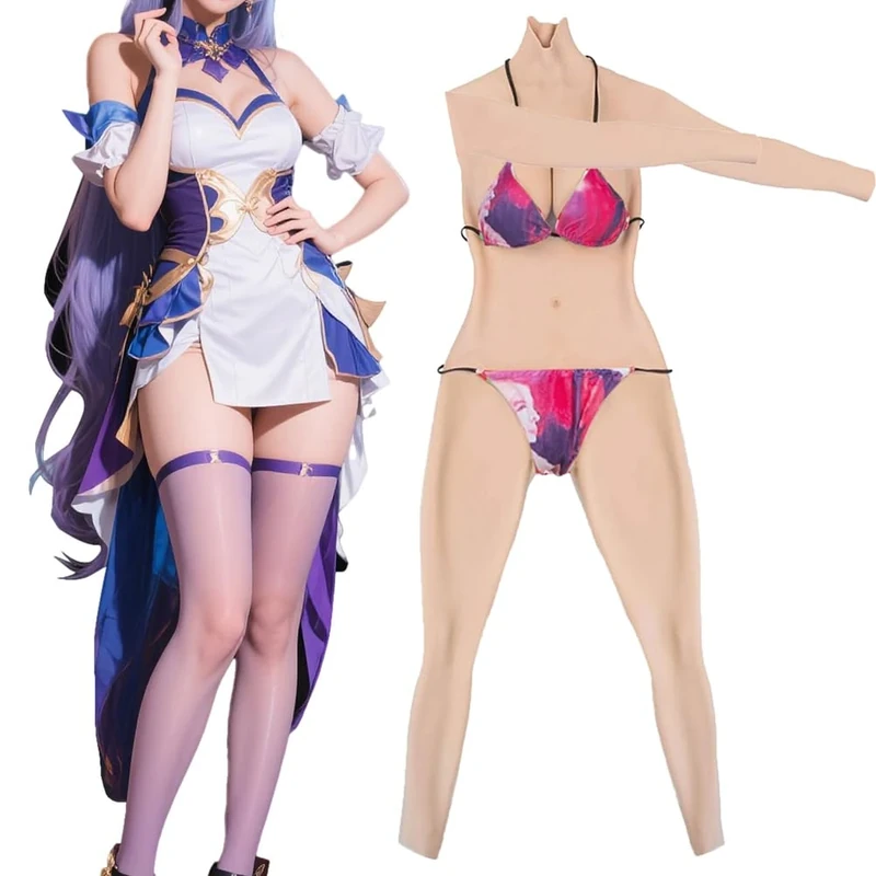 Plus Size Knee Shorts Silicone Bodysuit Realistic Body Suit With Breastplate Female Hiding Gaff Panty for Drag Queen,Color 2,Upgrade DCup