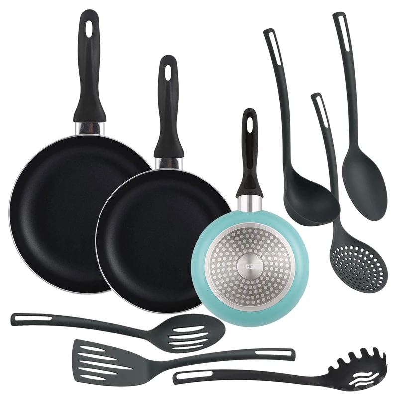 Well Home Set of 3 Frying Pans Ø16Ø20Ø24cm in Matt Blue Pressed Aluminium + 6 Kitchen Utensils in PBT Colour Black