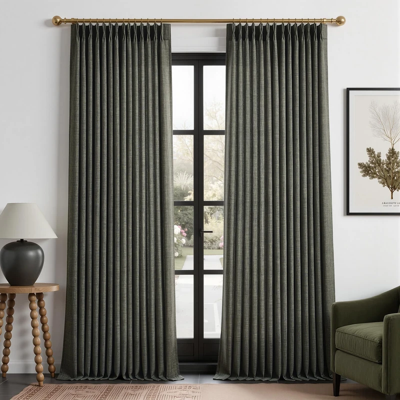 Olive Green Pinch Pleated Thick Linen Curtains 86 Inches Long for Bedroom,Light Filtering Farmhouse Living Room 2 Panels Memory Trained Drapes Pleat Back Tab Semi Sheer Moss Green Track System Curtain