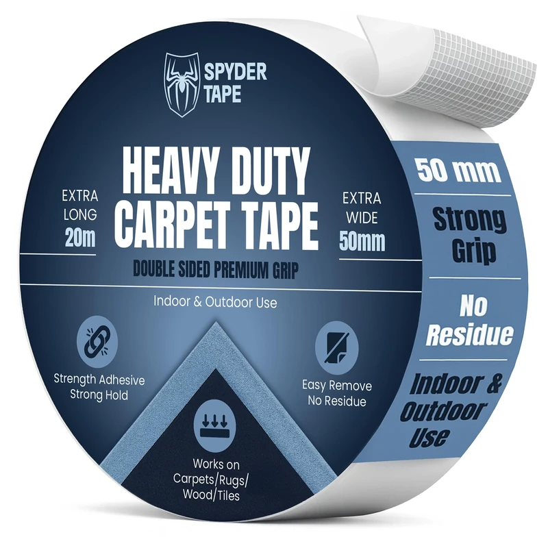 Spyder Tape Double Sided Carpet Tape 50mm x 20m – Heavy Duty Rug Tape for Hardwood, Laminate, Vinyl & Tile Floors – Professional Grade, Residue Free, Anti Slip, Strong Hold for Carpets & Rugs