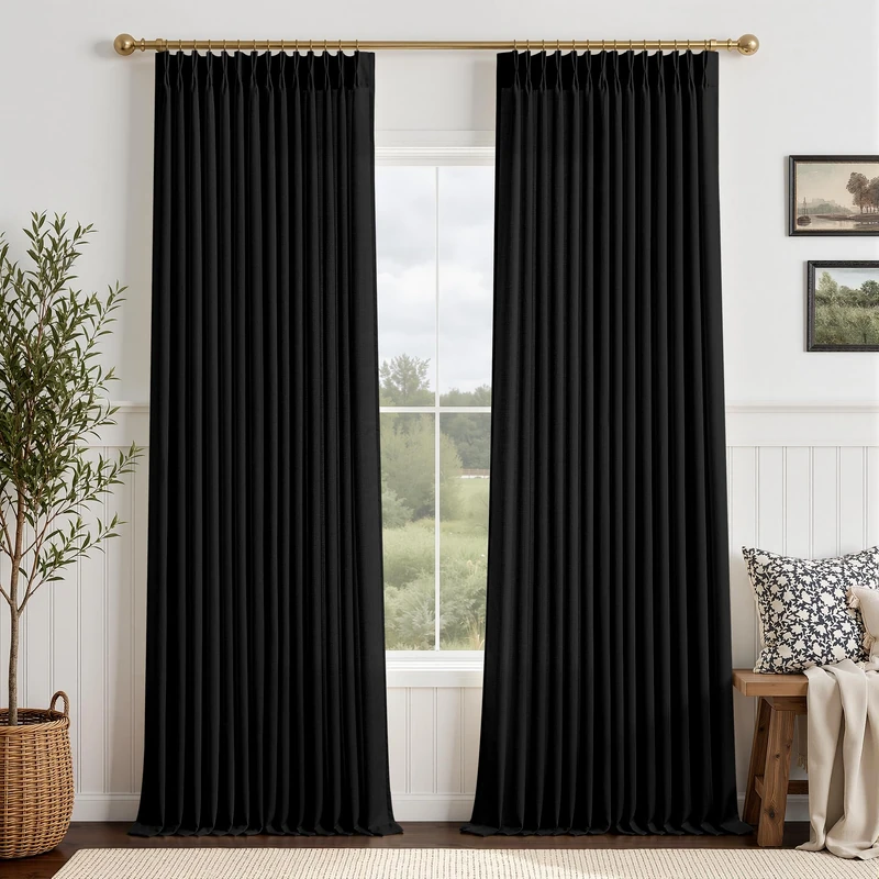 Pinch Pleated Black Linen Curtains 90 inch Length for Living Room, Light Fitering Semi Sheer Black Window Curtain Pinch Pleate Back Tab with Hooks Rustic Bedroom Long Darkening Drapes 90 (2 Panels)