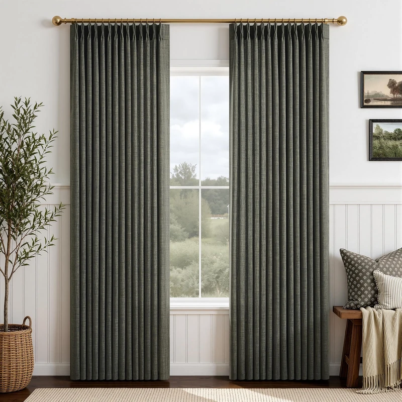 63 Inch Short Olive Green Linen Curtains 2 Panel Set for Small Windows,Pinch Pleated Ktichen Rustic Country Linen Cotton Light Filtering Drapes Privacy Back Tab Semi Sheer Curtains 63 Inches Length