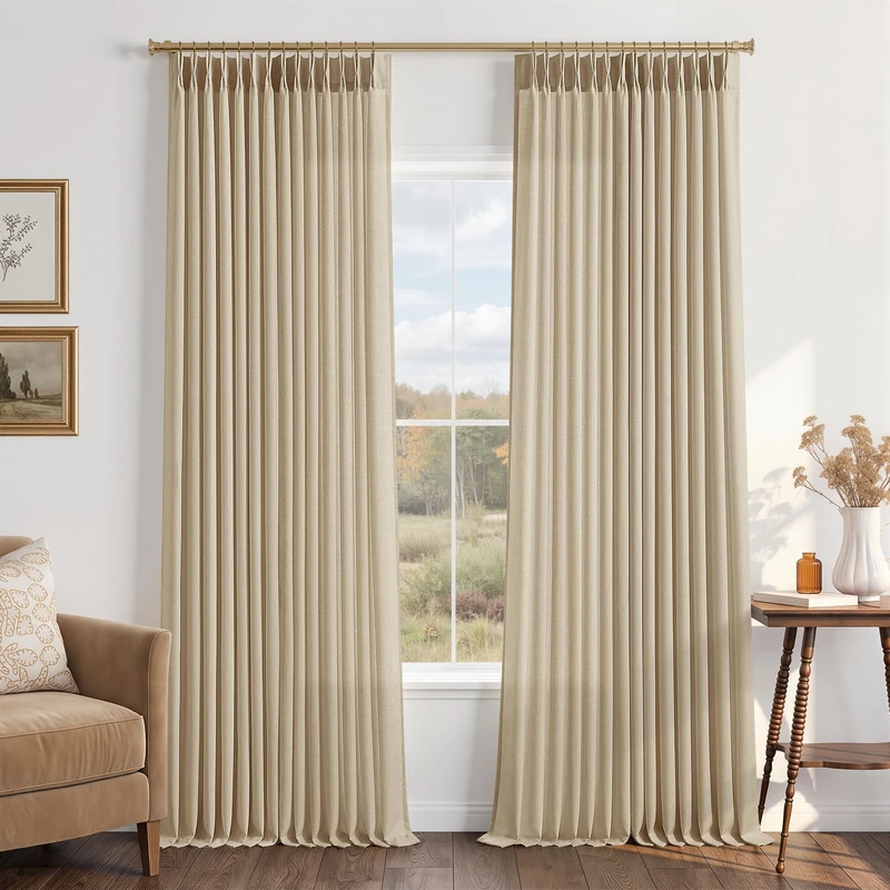 96 Inch Long Boho Linen Pinch Pleated Curtains for Living Room, Light Filtering Semi Sheer 8 FT Bedroom Beige Cream Curtain Privacy Darkening Thick Linen Blend 96 Inches Length 2 Panels Set 40" x 96"