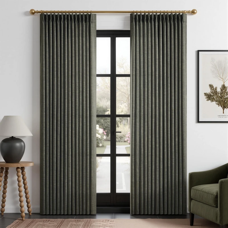Olive Green Linen Pinch Pleated Curtains 84 Inches Long, 2 Panels Darkening for Living Room Bedroom Linen Pleated Hooks Rings Back Tab Light Filtering Loden Moss Green Farmhouse Drapes 84 Inch 7ft
