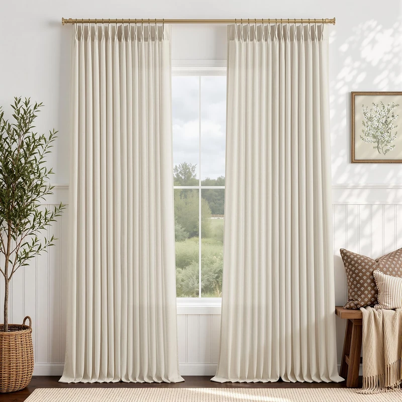 Cream Pinch Pleated Linen Curtains 92 Inch Long for Bedroom,Living Room Darkening Light Filtering Semi Sheer Curtain Boho Window Drapes with Memory Shaped Neutral Linen Blend and Back Tab 40" x 92"