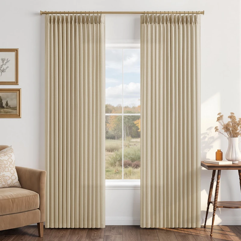 84 Inch Long Linen Sheer Curtains for Bedroom Livingroom, Pinch Pleated Memory Shaped Cream Beige Window Drapes Light Filtering Semi Sheer Boho 7 ft Curtain With Pleat Back Tab and Hooks 84 Inches