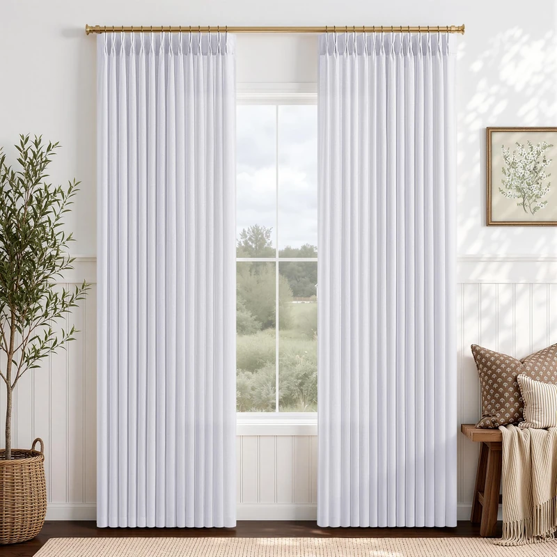 Linen Sheer Curtains White 84 Inch Long Pinch Pleated Curtain for Bedroom, Light Filtering Privacy 7 FT Long Thick Linen Blend Window Semi Sheer Curtains Track System Back Tab and Hooks 40" W x 84" L
