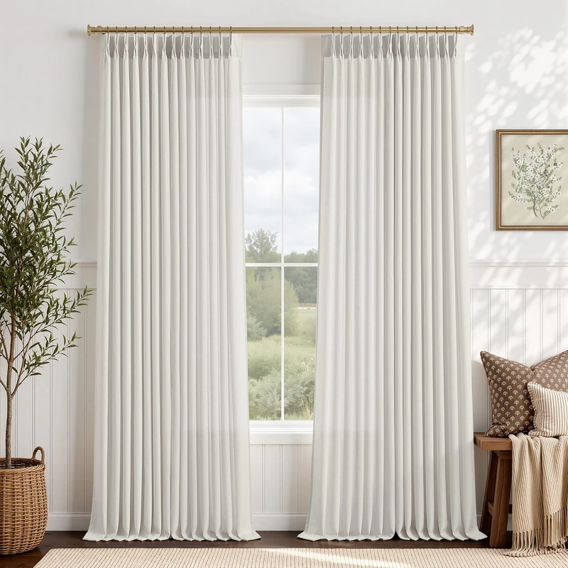 Memory Shaped Pinch Pleated Extra Long Curtains 108 Inch Natural Ivory Linen Drapes, Light Filtering Privacy Non See Through 9 ft Lush Decor Floor to High Ceiling White Curtain for Living Room