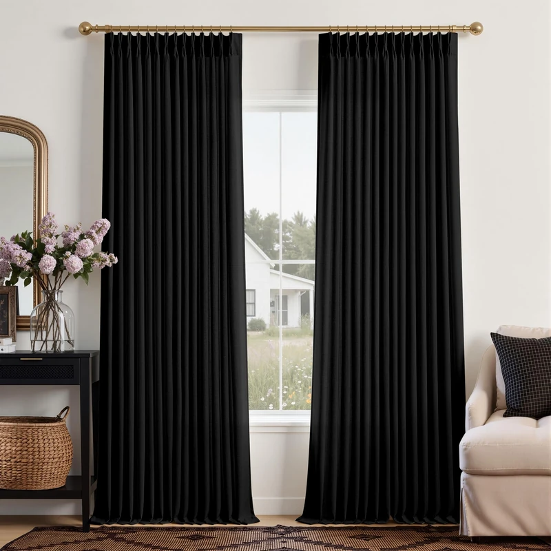 86 Inch Linen Curtains 2 Panels Set for Bedroom, Black Natural Pinch Pleat Curtain Memory Trained with Hook Farmhouse Rustic Canvas Textured Semi Sheer Light Filtering Pleated Drapes 86 Long Apricot