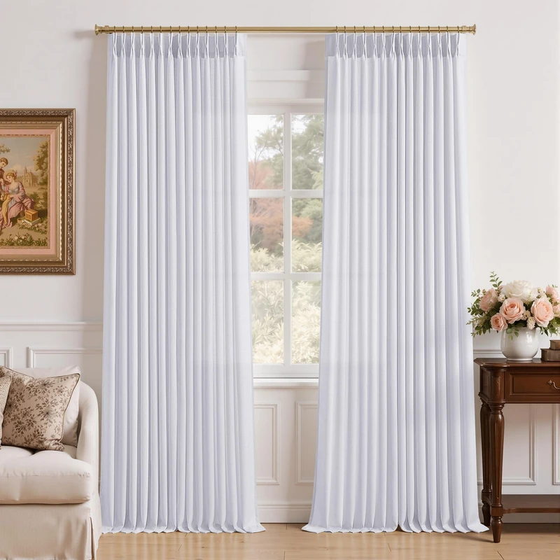 Extra Long Curtains 86 Inches Length, White Linen Sheer Pinch Pleated Drapes for Bedroom and Living Room Light Filtering Semi Sheer Window Treatments Long Memory Shaped Curtain Panels 7-1/2 FT