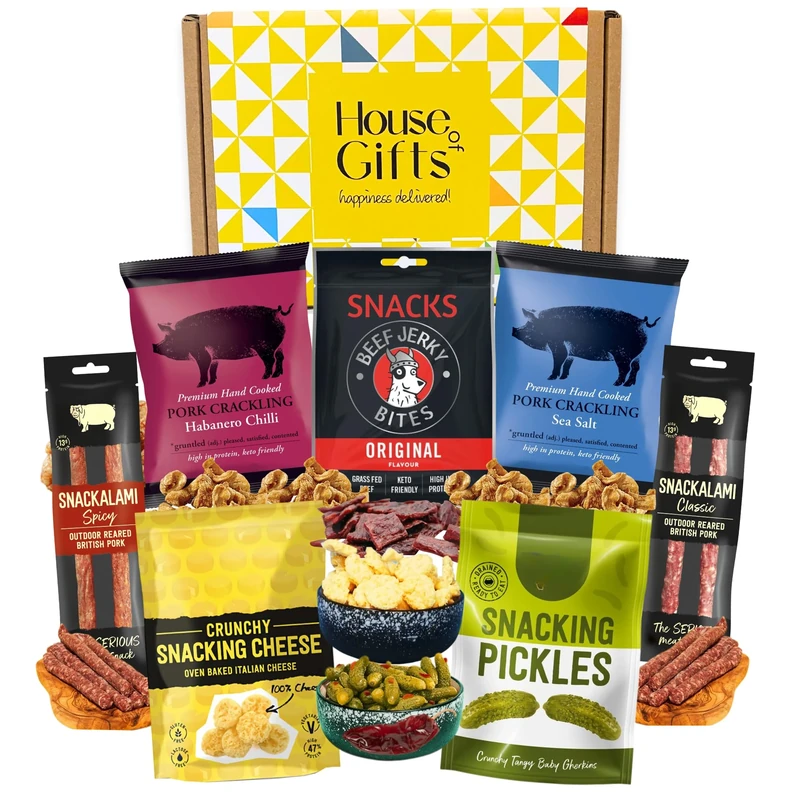 Savoury Snacks Hamper Gift Set with Pork Crackling, Beef Jerky, Cheese Bites, Salami & Pickles – Pub Treats Box & Snack Gifts for Her, Ideal Dad Treat Box or Fathers Day Present for Him