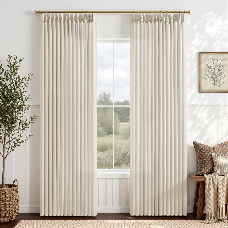 Beige Linen Sheer Curtains 80 Inch Length Pinch Pleated Curtain 2 Panels for Bedroom,Privacy Light Filtering Window Drapes Memory Training Shaped Cottage Core Neutral Thick Fabric Back Tab 80" Long