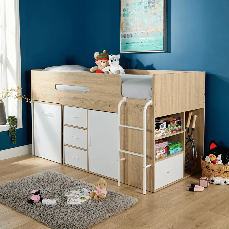 Home Source Marsden Loft Bed with Desk & Storage – Compact Kids Cabin Bed with Drawers & Cabinets – Sleep, Study & Storage Solution – Sturdy Particleboard & Metal Frame – Neutral Finish