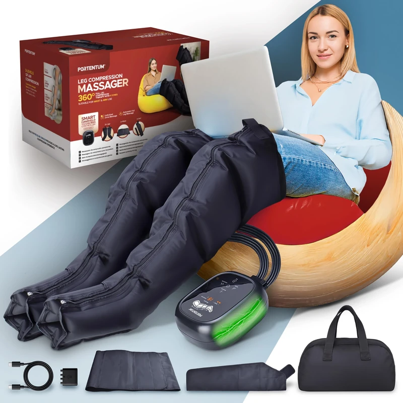PORTENTUM Leg Massagers for Pain and Circulation with Rechargeable Battery – 8 Modes – 3 Intensity Levels – Remote with LCD Screen – USB-C with Cable – with arm and Waist Accessories – Travel Bag