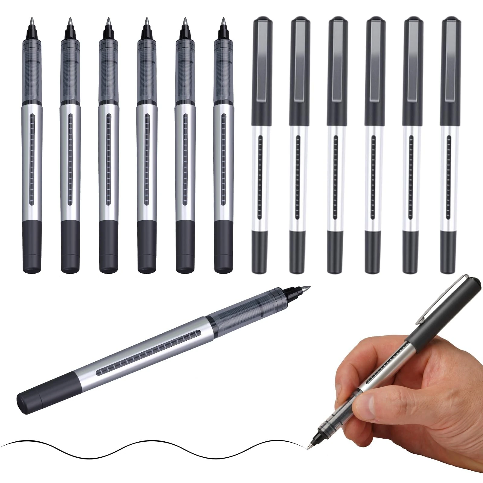 12 Pack Rollerball Pens Black Ink Ballpoint Pens 0.5 mm Fine Point Liquid Ink Roller Pen Quick-Drying Smooth Writing Pen for Students Adults Bullet Journal Notebook School Office Supplies