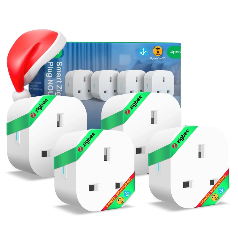 ZigBee Smart Plug 13A UK(ZigBee Hub Required) with Energy Monitoring, Voice Control, Timer & Schedule, Compatible with Alexa, Google Home, Home Assistant, Compact Design, 4 Pack