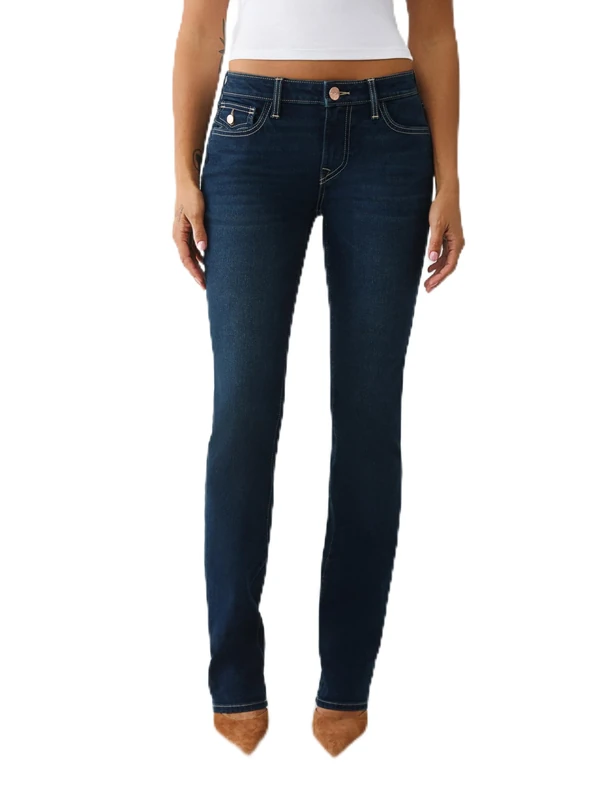 True Religion Women's Billie Single Needle Mid Rise Flap Straight, Blue, 33