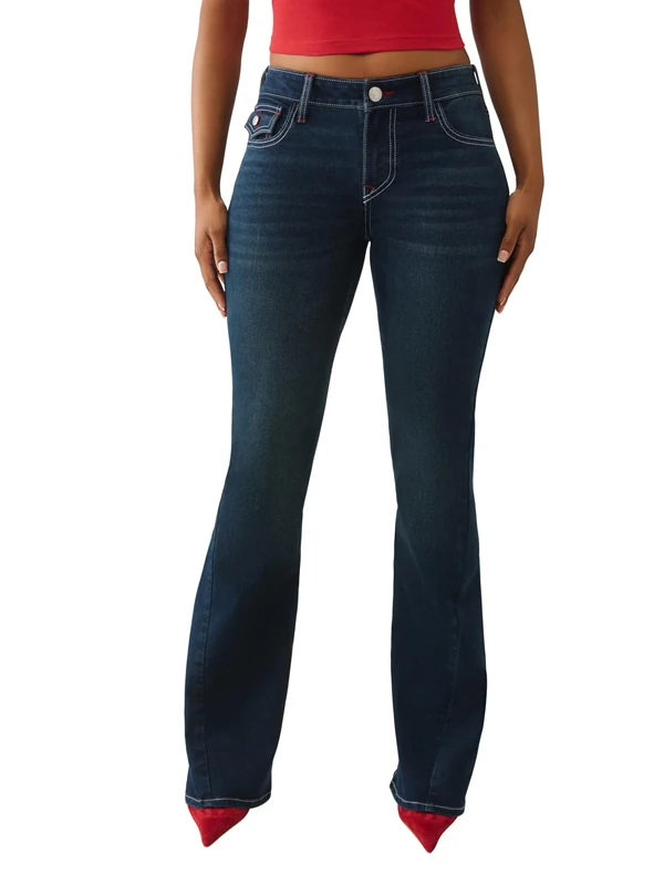 True Religion Women's Joey Single Needle Mid Rise Flap Flare, Blue, 25