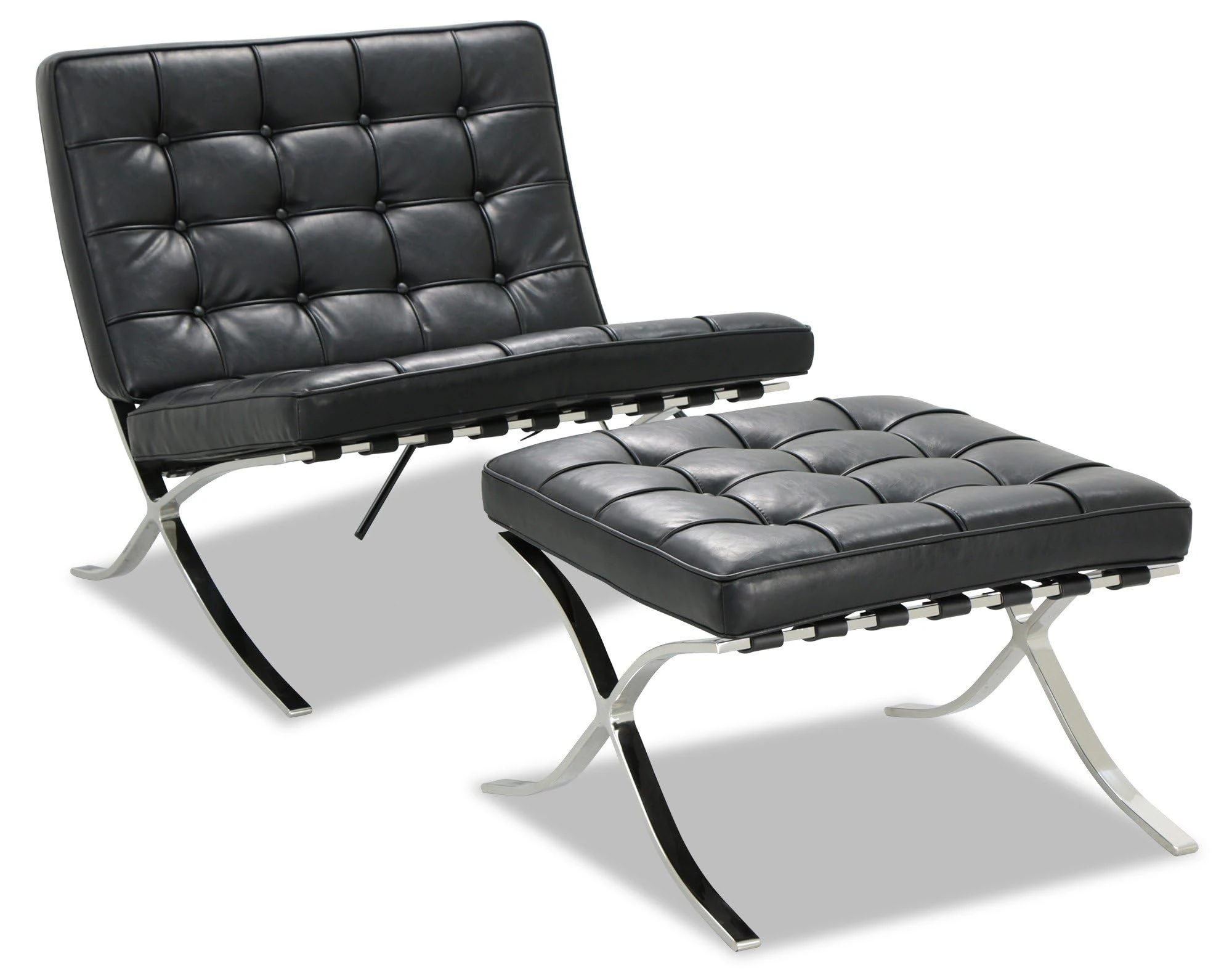Barce-lona Style Chair & Ottoman Set – Genuine Italian Leather, High Density Sponge, Solid Stainless Steel Frame