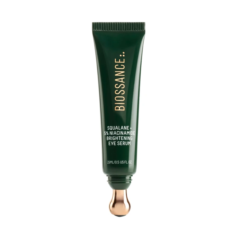 BIOSSANCE Squalane + 5% Niacinamide Eye Serum – Brightening & Depuffing Treatment for Dark Circles – Vitamin C & Caffeine Formula – Stainless Steel Rollerball for Soothing Massage – For All Skin Types