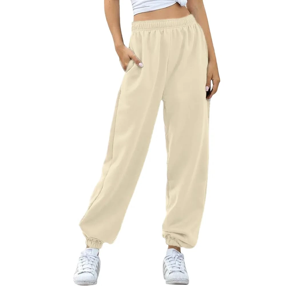Nuofengkudu Women's Plain Baggy Fleece Tracksuit Bottoms Warm Harem Joggers Pants with Pockets Elastic Waist Thermals Tapered Leg Sweatpants Running Workout Casual Lounge Wear(F-Khaki,L)