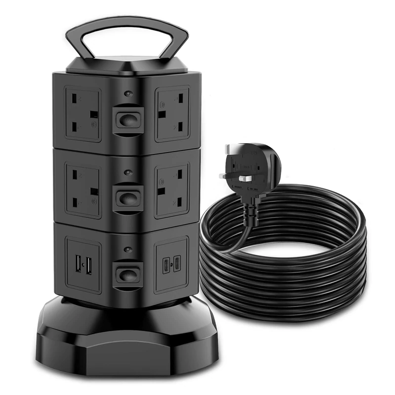 Tower Extension lead 2M, 10 Way (13A 3000W) Surge Protected Extension Sockets with 2 USB C and 2 USB A, Multi Plug Socket with 3 Independent Switches,Power Strip for Home, Office, Kitchen