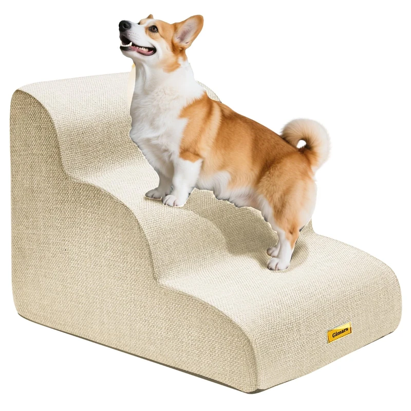 Gimars 30D High-Density Foam & Extra-Wide, Stable 3-Step Dog Stairs, 40cm High Pet Stairs with Washable Cover & Non-Slip Base, Portable Ramp for Small Dogs to Sofa, Bed, Couch, Car