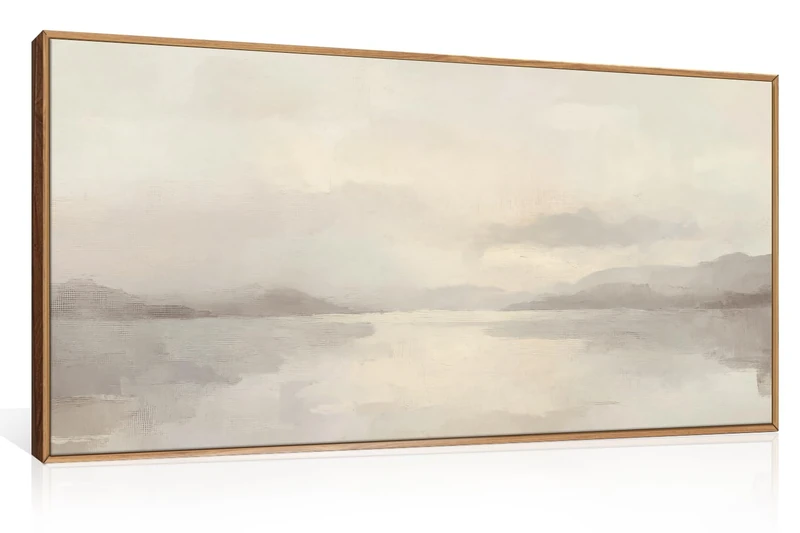 LHIUEM Large Abstract Neutral Beige Pastel Framed Canvas Wall Art,Modern Watercolor Lakes Wall Decor,Nature Mountain Minimalist Artwork for Living Room,Bedroom,Dining Room,Office -20"x40"x1