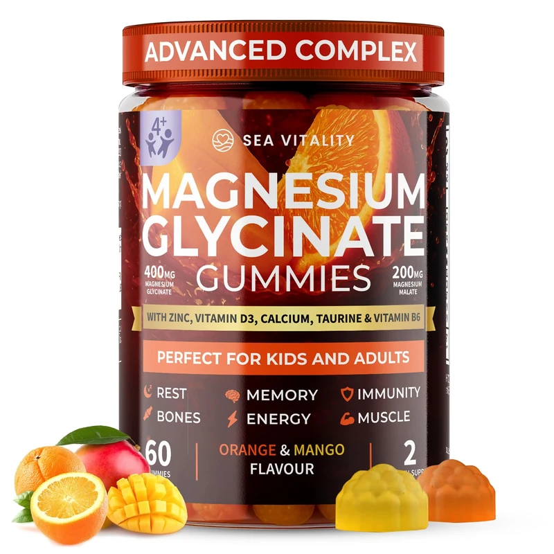 Magnesium Glycinate Gummies for Kids & Adults - High Strength Magnesium Glycinate 400mg with Malate, Zinc, D3, B6 & Taurine – Orange & Flavours – Sleep, Focus & Relaxation – 60 Chews