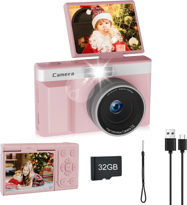 Digital Camera for Kids,180°Flip Screen Small Cameras For Photography,Perfect Birthday For Kids Digital Camera, With 32GB Memory Card