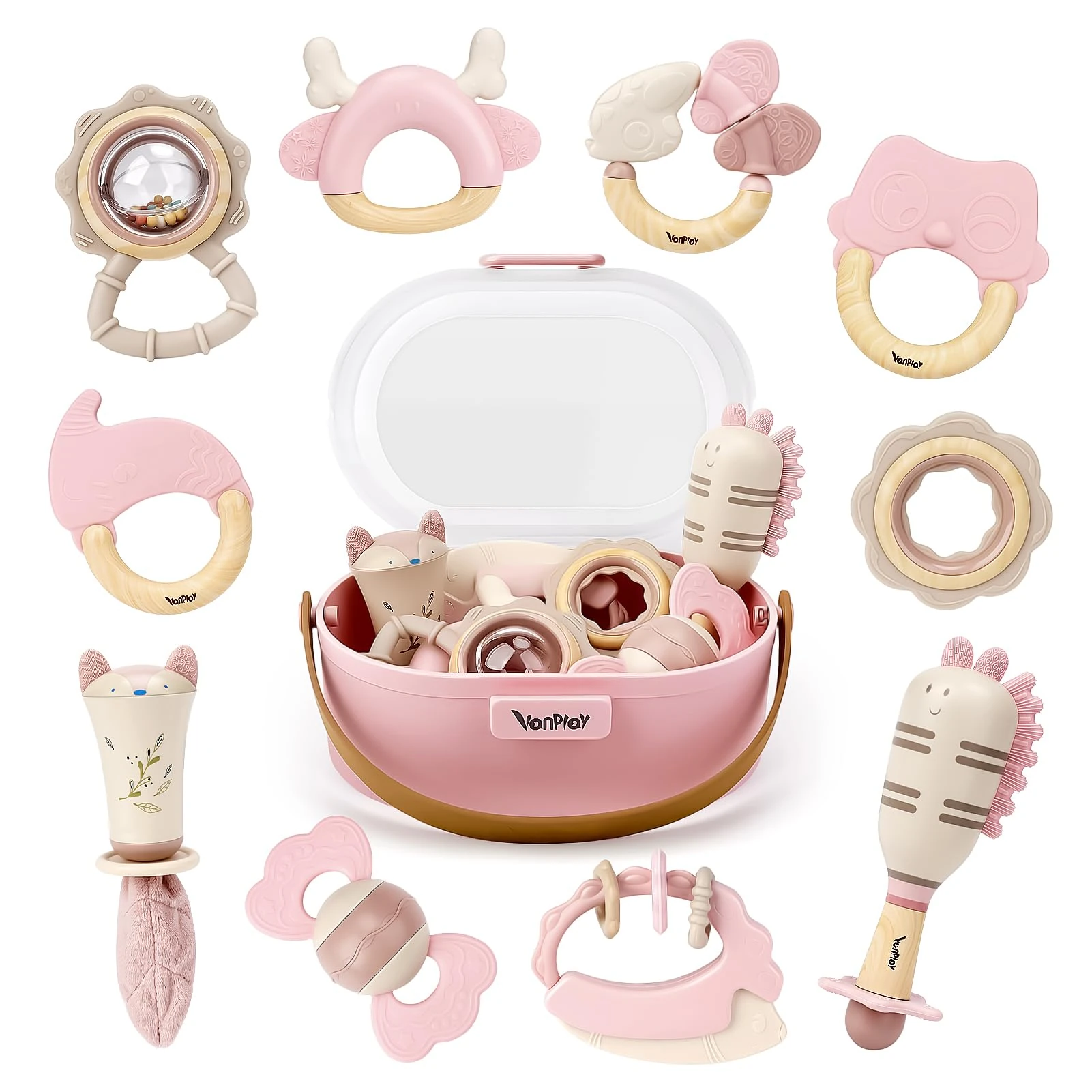 Baby Girl Baby Toys 0-6 Months Newborn Essentials 10pcs Rattles Teething Sensory with Storage Box(Pink)