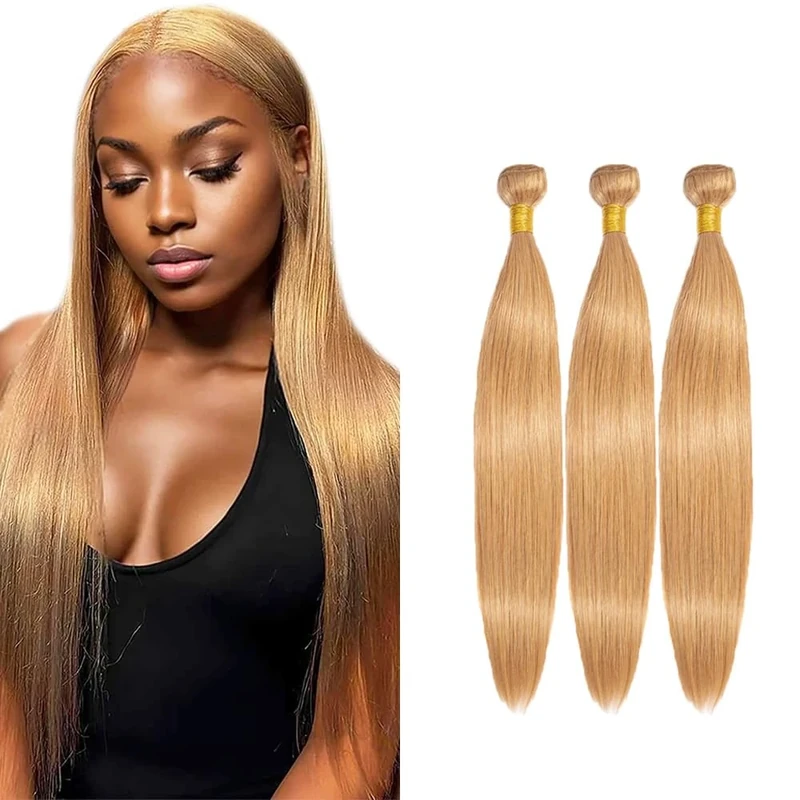 Jucames #27 Honey Blonde Straight Bundles Human Hair Double Weft Weave 3 Bundles Total 150g Virgin Unprocessed Human Hair Extensions 18 20 22 Inch