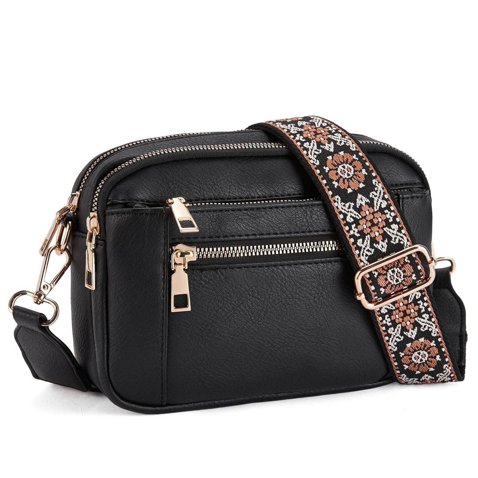 Runmeihe Women's Cross Body Bags 3 Zip Compartments Small Crossbody Bags with Adjustable Wide Strap (Black)