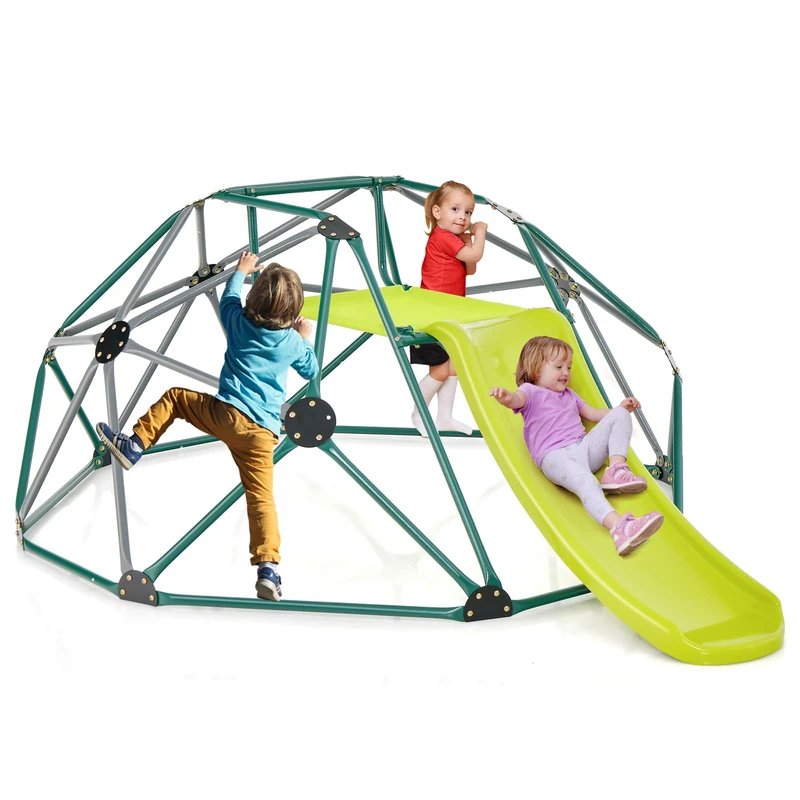 FANTASK Diameter 183 cm Climbing Dome with Slide, Climbing Frame Dome Shape with Fabric Platform up to 180 kg, Playground Outdoor & Indoor for Children from 3 Years (Green + Grey)
