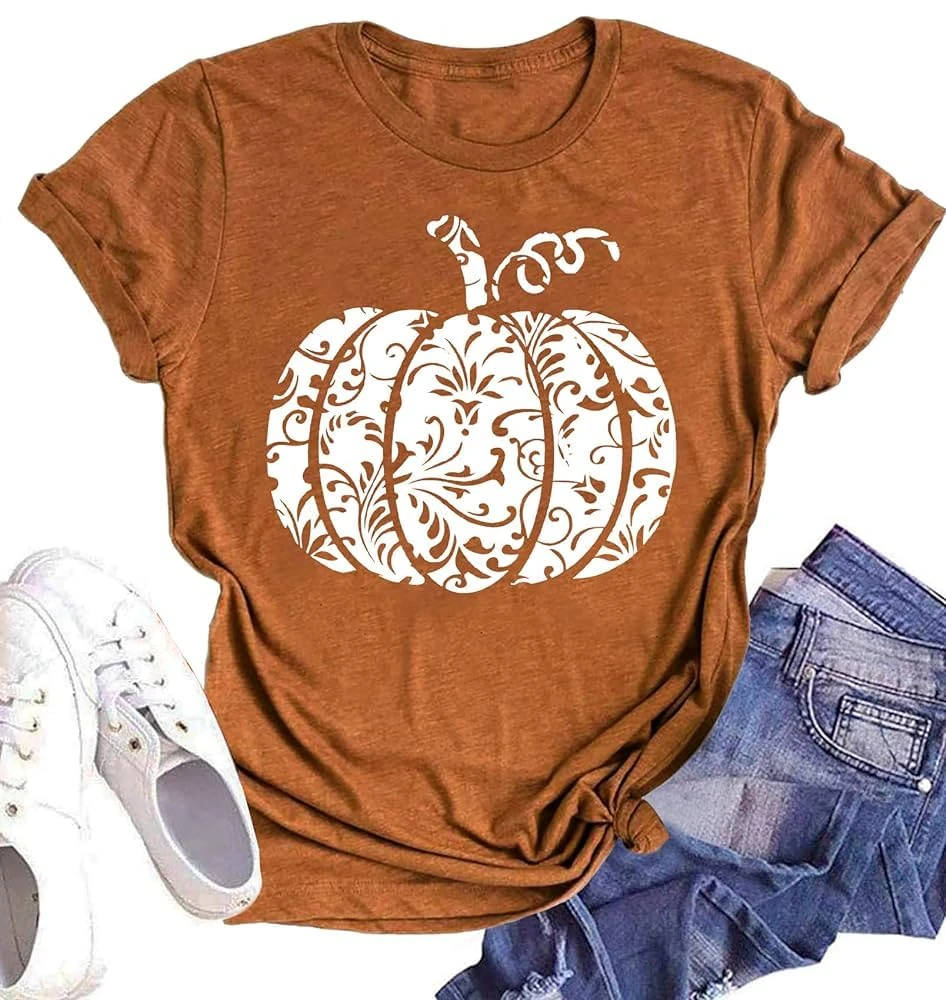 Halloween Shirts for Women Leopard Pumpkin Graphic Tees Short Sleeve Fall T-Shirt Thanksgiving Gift Tops, Brown1, Large