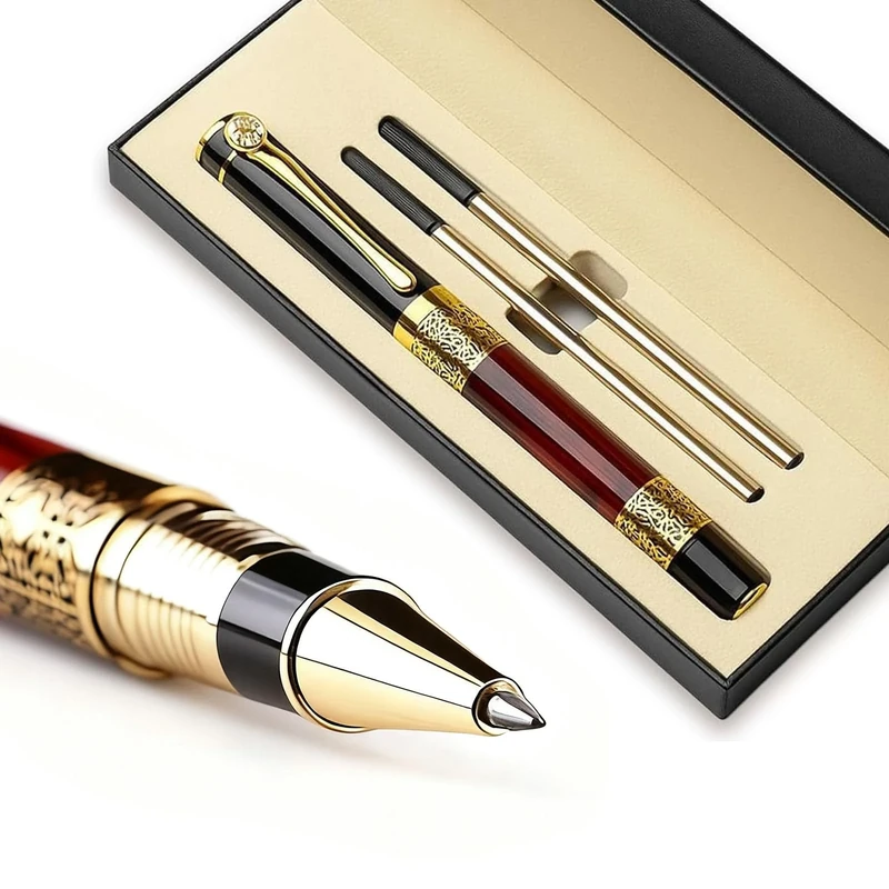 Luxury Rollerball Pen Set Gift 0.5mm Black Ink Ballpoint Pens with 2 Replacement Refills Fine Point Sign Writing Pen Business Executive Signature Pens for Men & Women Present Journaling Office Home