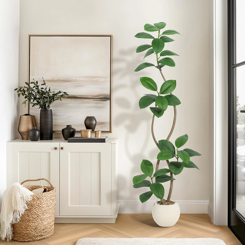 Garvee 180cm Artificial Plant Rubber Tree with Cream Ball Flower Pot and Stone Fiddle Fig Tree Artificial Indoor Tall Plant Fake Tree Tropical Large Plant Tree Tropical Plant - Image 1
